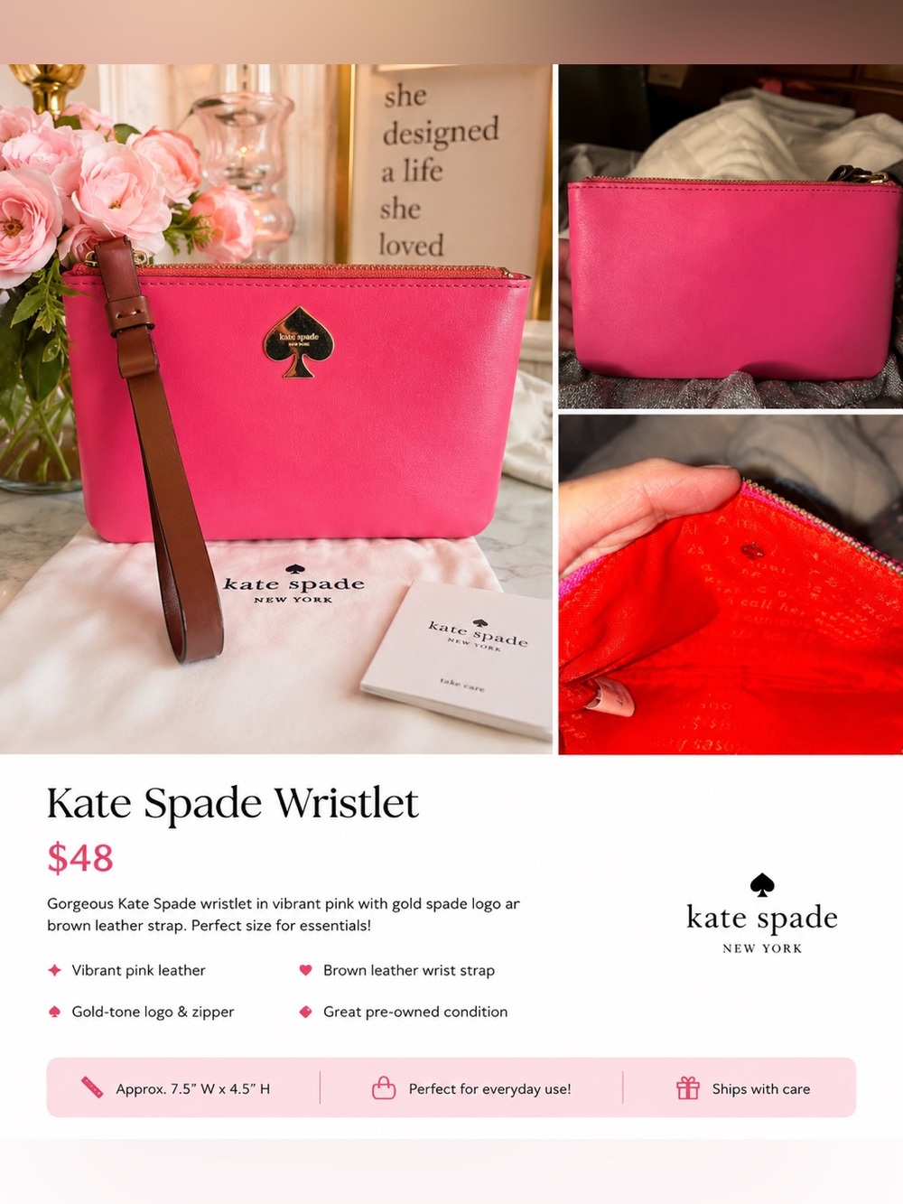 kate spade Hot Pink Leather Wristlet with Brown Strap